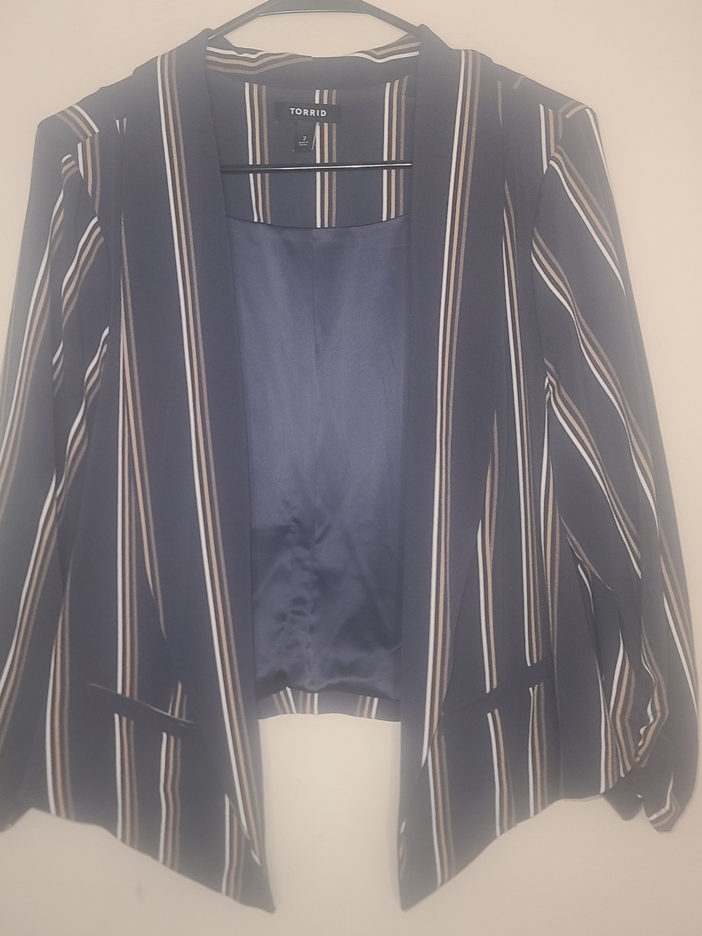 Torrid Womens Navy Blue Striped Crepe Open Front Blazer Jacket Plus Sz 2
